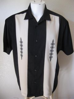   Roll Rebel L Black Tan Embroidered 2Tone Panel Bowling Shirt