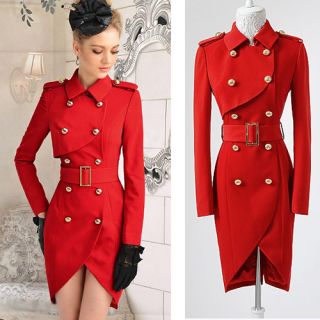 Red Double Breasted Tulip Fitted Trench Coat Lady Long Sleeve 