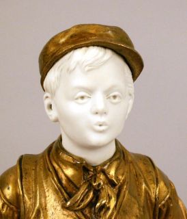 Antique French Bronze & Porcelain Boy Sculpture Figurine, 19th C