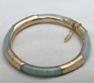Estate 14k Yellow Gold Jade Bangle Bracelet Engraved