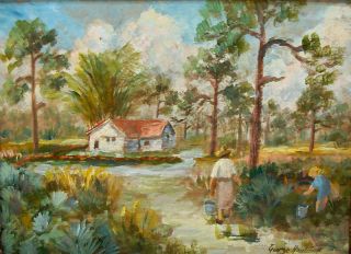 Old Oil Painting Tropical Village Life Dominican Republic by George 