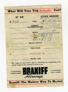 Braniff Airways Cost Sheet and Itinerary Form 21 Passenger B Liners 