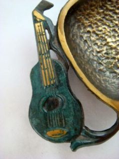 Vintage Brass Ashtray w Enameled Guitar Made in Israel