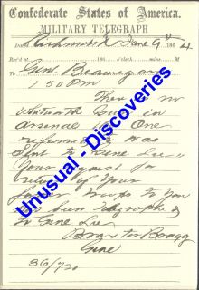 Braxton Bragg Civil War Telegram Beauregard Fr