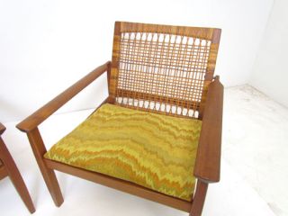 Pair Danish Teak Cane Lounge Chairs by Hans Olsen Denmark Mid Century 