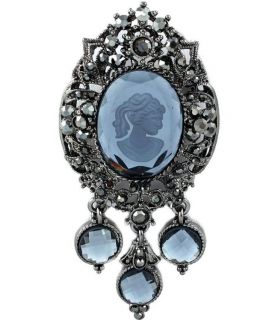 New Lady Cameo Brooch Pin Gray White Glass Rhinestone Ornate Victorian 