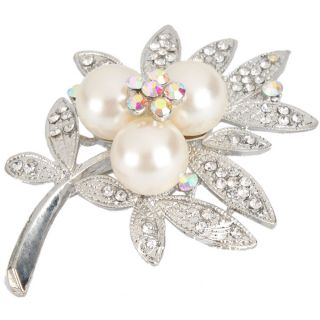Stylish Brooch Pin Leaf Style Clear Rhinestone Crystal Imitation Pearl 