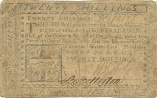 1777 AMERICAN REVOLUTION PENNSYLVANIA COLONIAL 20 SHILLINGS CURRENCY 