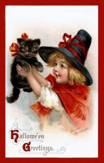 Brundage Halloween Witch Girl Repro Greeting Card Holds Black Cat 