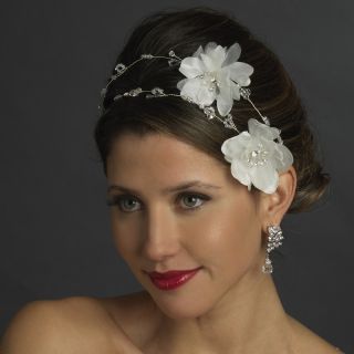 White Flowers Crystal Side Accent Bridal Headband Headpiece