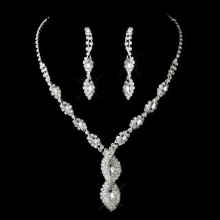   Bridal Jewelry Set Clear Silver Rhinestone Spiral Necklace Earring Set