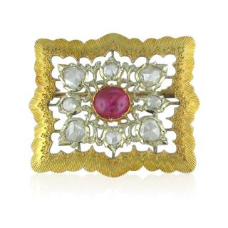 RARE Vintage Buccellati 18K Gold Diamond Ruby Brooch