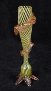 L33 Bohemian Striped Art Glass Vaseline Bud Vase with Applied Rigaree 