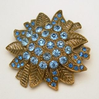 LITTLE NEMO L/N Vintage Large Flower Brooch Pin Blue Rhinestones