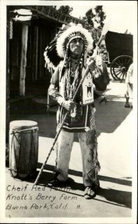 Buena Park CA Knotts Berry Farm Indian Chief Red Feather w Spear RPPC 