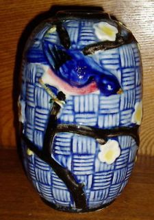 vintage art pottery vase basketweave w bird japan time left