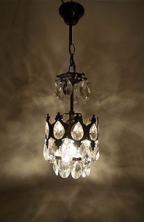 Antique French Basket Style Brass & Crystals Mini Chandelier from 1950 