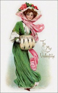 Brundage Valentine Victorian Girl w Muff REPRO GREETING CARD