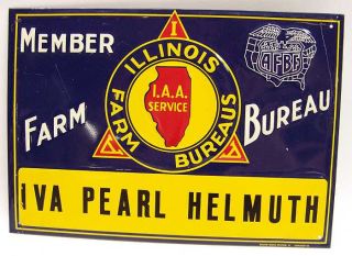 Vintage Illinois Farm Bureau Metal Sign IVA Pearl Helmuth