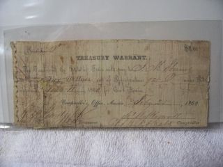 Authentic Confederate State of Texas Treasury Warrant $5 Note 1862 
