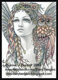 Original ACEO Fairy Tangle Drawing by NJB Art Dragonfly Fairy & Owl 