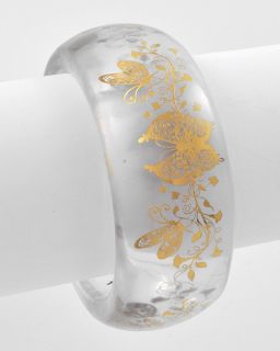   Gold Tone Butterfly Bangle Cuff Bracelet Chunky Translucent