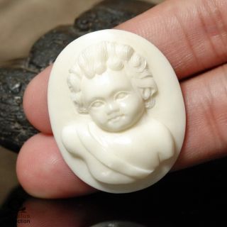 Cameo Putti Angel Cherub Face White Buffalo Bone Art Carving Hand 