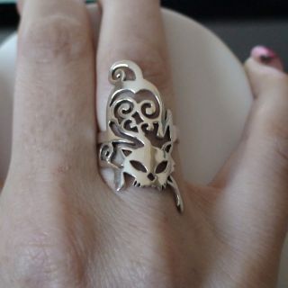 Creeping Cat Ring 925 Sterling Silver Cocktail Right Hand Cat Jewelry 