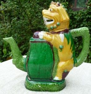 Antique Chinese 19thC Cadogan Sancai Glazed Teapot Signed Foo Dog 