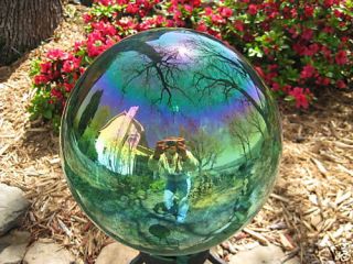  Gazing Ball Glass Globe 10" Teal Green Iridescent