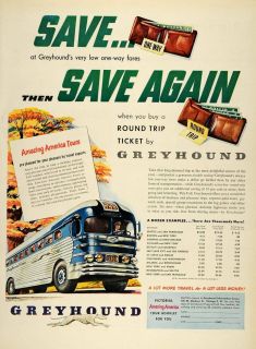 1950 Ad Greyhound Bus Ticket Round Trip Fares Price America Tours One 