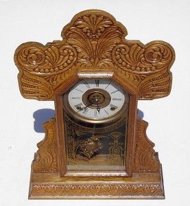   Antique Fancy Golden Oak Kitchen Clock with Key BUTLER BROTHERS N.Y