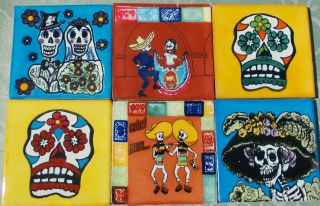 Day of The Dead 4 x 4 Mexico Pottery Tile Dancers Skeletons Gold 