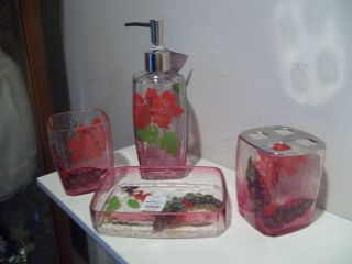 New Glass 4 Piece Bathroom Accessory Set Retro Floral Butterfly 
