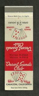 Desert Sands Club Match Cover CABAZON CA Poker Cards