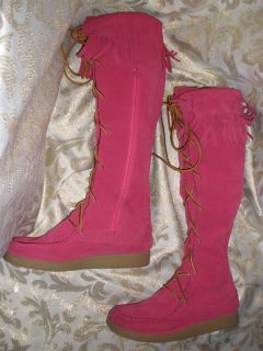 DINGO HOT PINK SUEDE LEATHER INDIAN STYLE KNEE HIGH BOOTS 7 FRINGED 