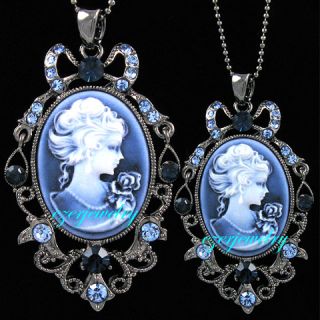   Natural Royal Blue White Lady Cameo Pendant Necklace Jewelry n230