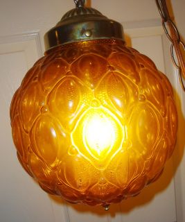 60s 70s Vtg Vintage Amber Pendant Light Lamp Plug in Swag Retro Mod 