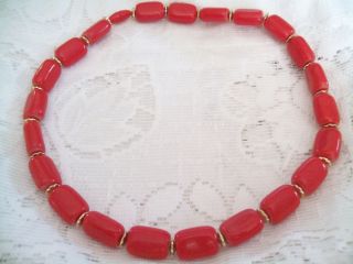Vintage Candy Apple Red Plastic Beads Goldtone Disc 18 Necklace Hide 