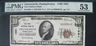 Greencastle, PA   $10 1929 Type 1, First National Bank CH. 1081