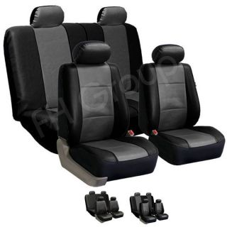 FH PU001114 PU Leather Car Seat Covers w 4 Headrests Solid Bench Gray 