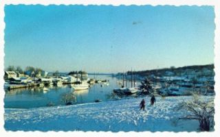 Camden Me Winter Scene Snow Sleds River Boats 1960s Chrome Postcard 