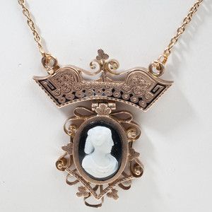    Victorian Onyx Cameo Gold Necklace Pendant Vintage Estate Jewelry