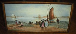 ANTIQUE 1925 SIGNED H CARL WATERCOLOR OF A DUTCH RIVER FRONT SCENE 