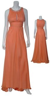 Carmen Marc Valvo Luxe Ruched Apricot Silk Chiffon Rhinestone Gown 