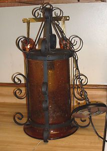 Gorgeous vintage Spanish Hanging Lamp  Wrought Iron,textured Amber 