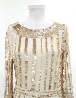 Candela NYC Gold Sequined Cream Silk Belted Dress Size Medium New 