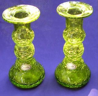 Vintage Rainbow GREEN Crackle Glass Candle Holders w Stickers