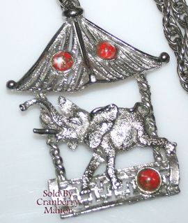 Vintage Carousel Elephant Pendant Necklace w Mottled Red Cabochons 