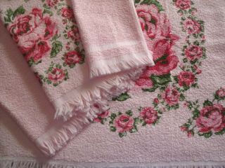   Chic Set 4 Vintage Cannon Pretty Pink Roses Fringed Bath Towels